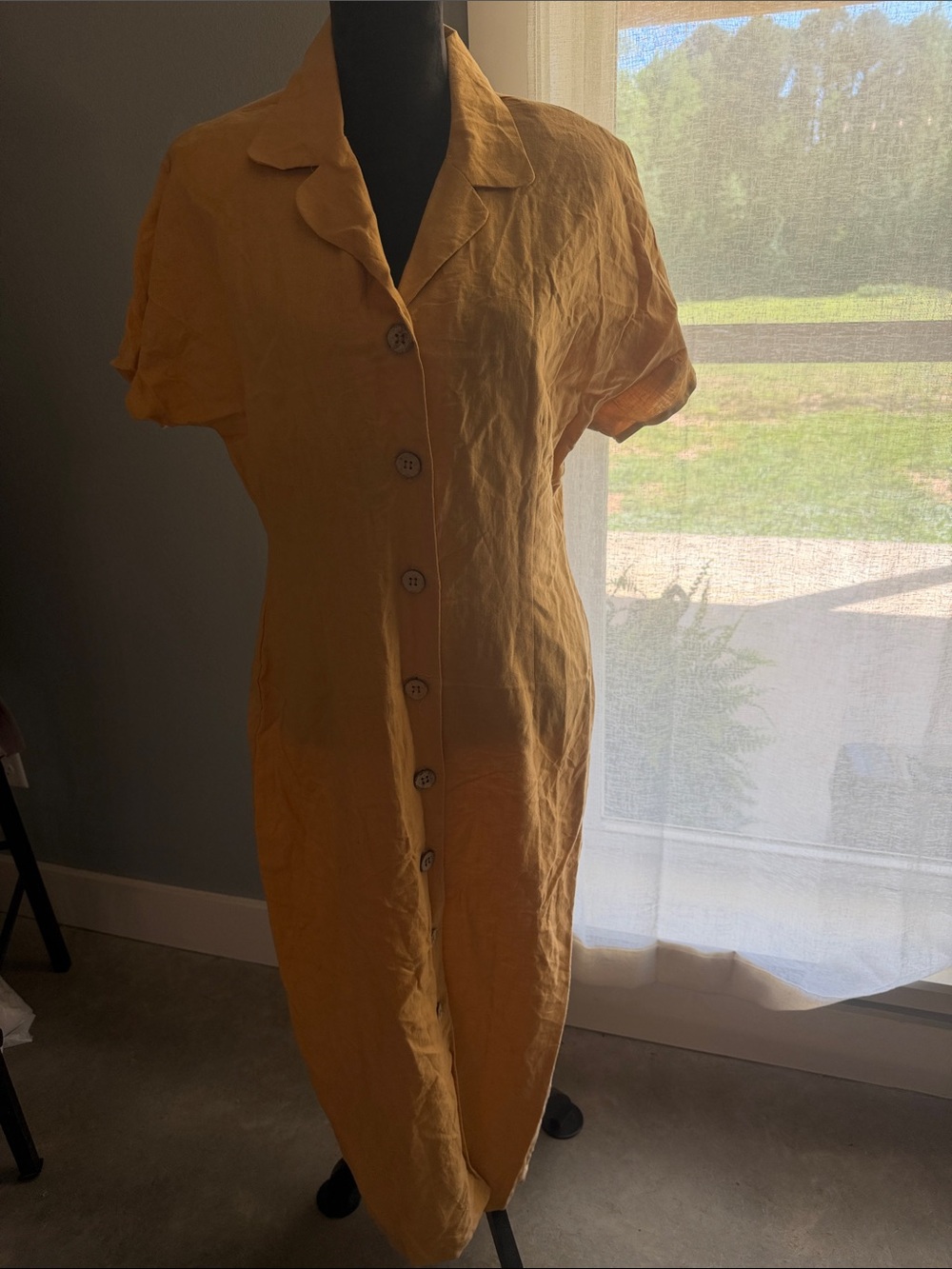 Laundry by Shelli Segal Mustard 100% Linen/Cotton Button-Up Dress trendy casual